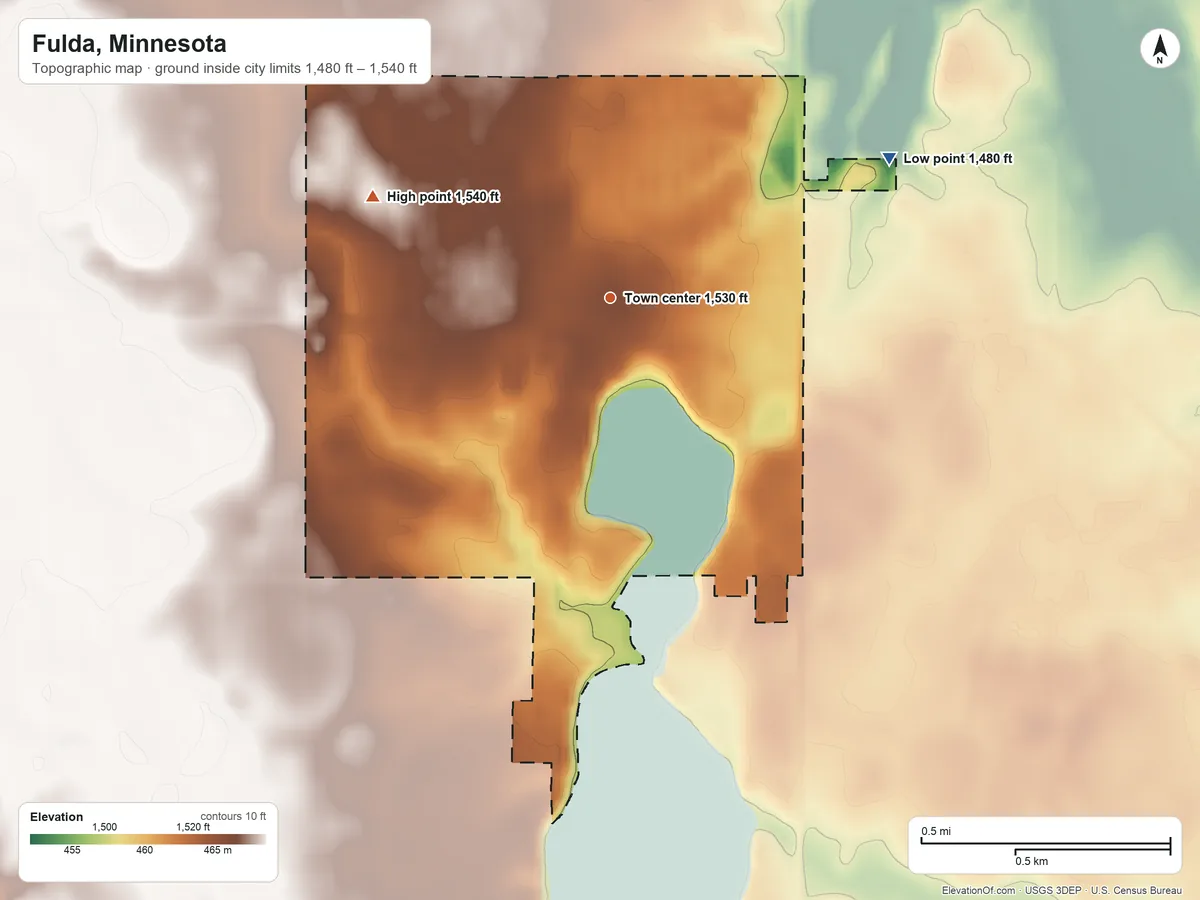 Topographic elevation map of Fulda, Minnesota, shaded from 1,480 ft on the northeast side to 1,540 ft on the northwest side