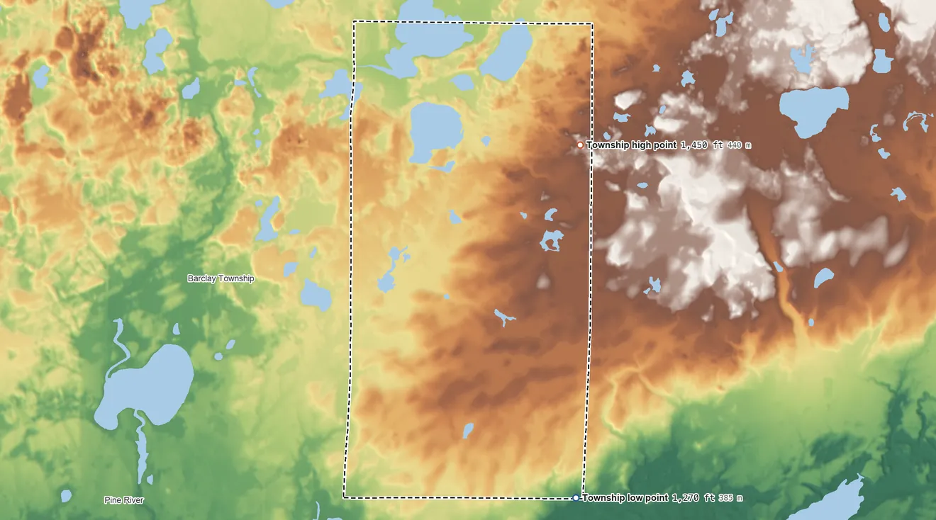 Topographic elevation map of Gail Lake Township, Minnesota, shaded from 1,270 ft on the southeast side to 1,450 ft on the northeast side