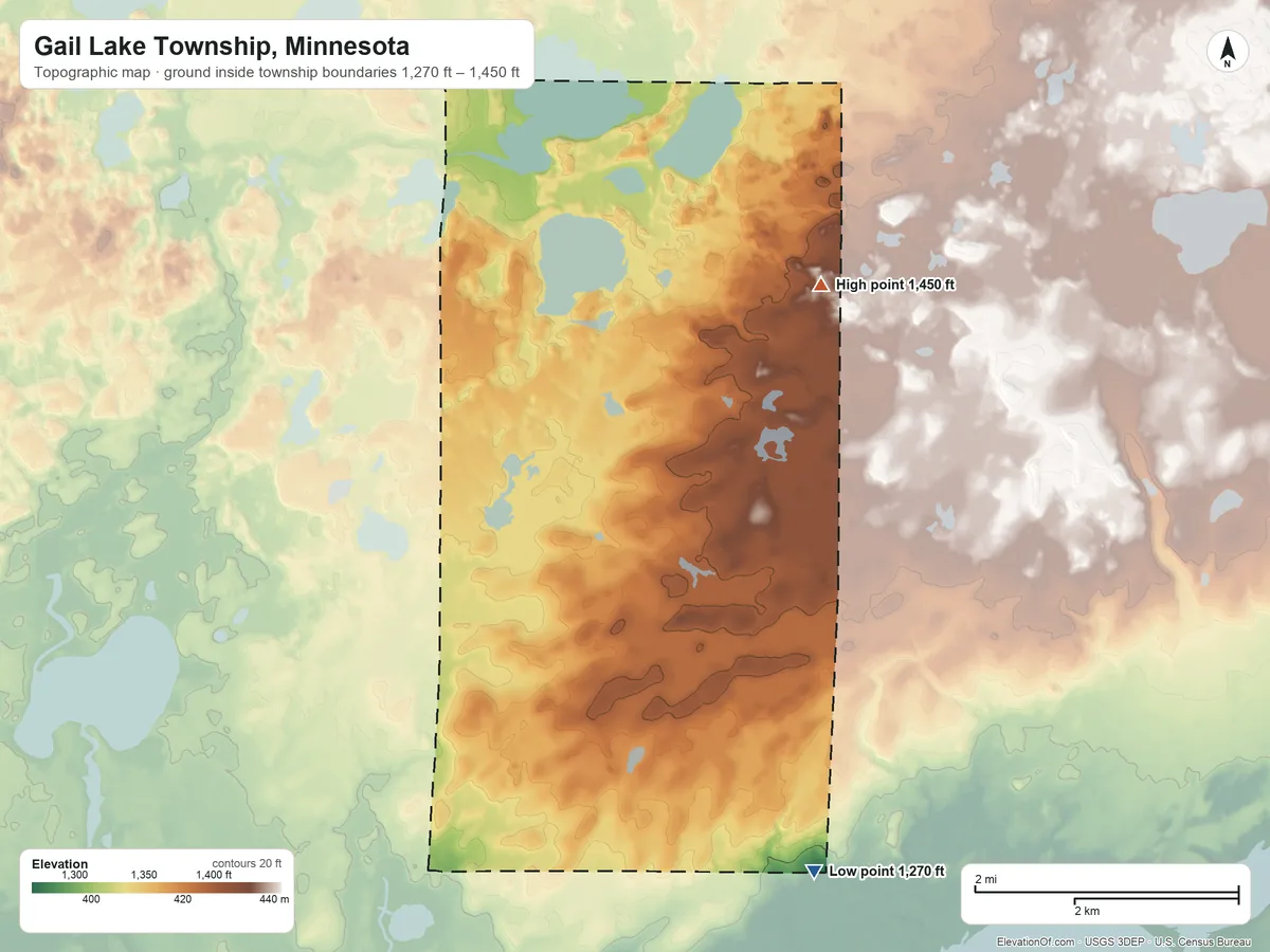 Topographic elevation map of Gail Lake Township, Minnesota, shaded from 1,270 ft on the southeast side to 1,450 ft on the northeast side