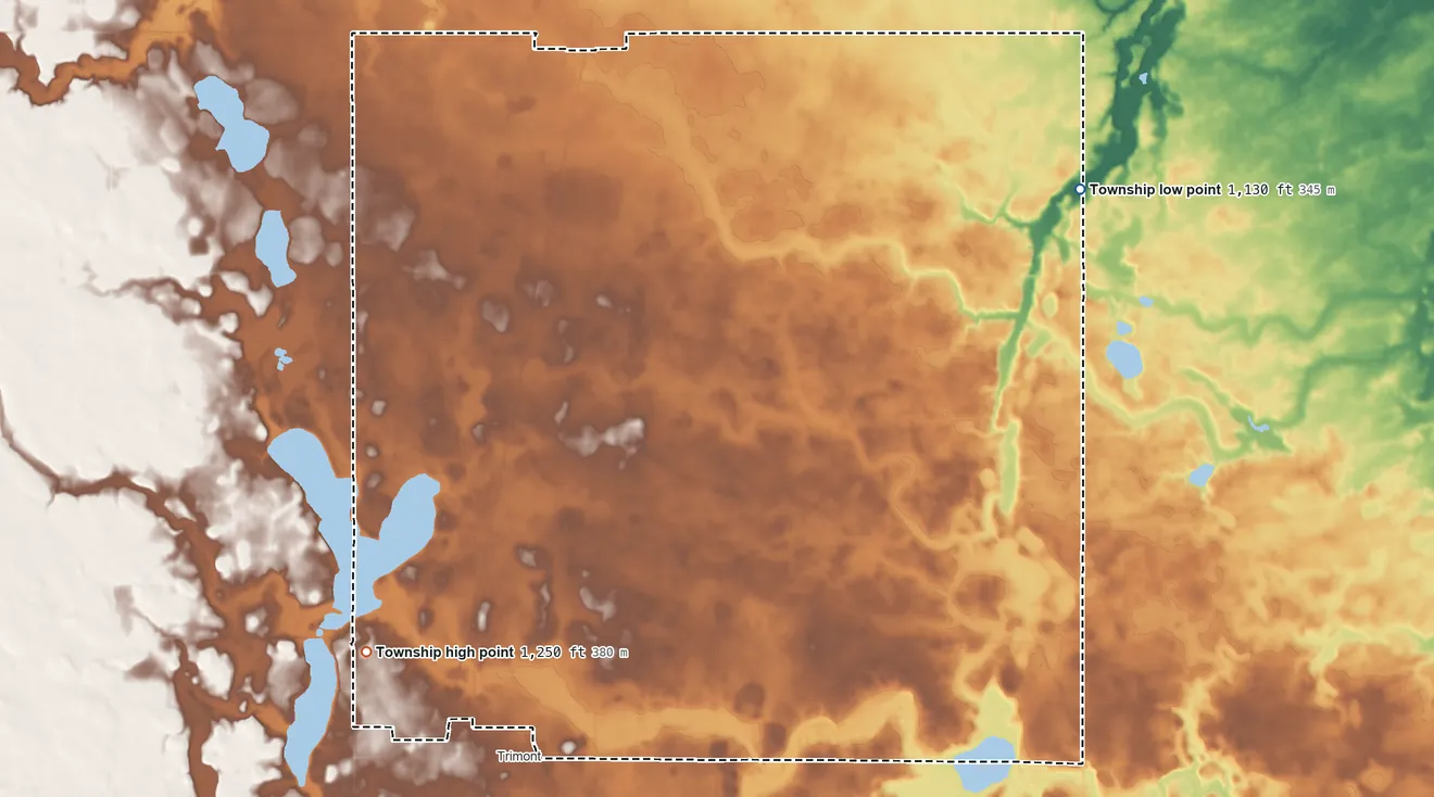 Topographic elevation map of Galena Township, Minnesota, shaded from 1,130 ft on the northeast side to 1,250 ft on the southwest side
