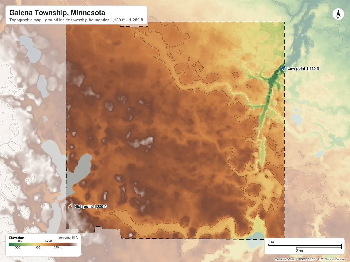 Topographic elevation map of Galena Township, Minnesota, shaded from 1,130 ft on the northeast side to 1,250 ft on the southwest side