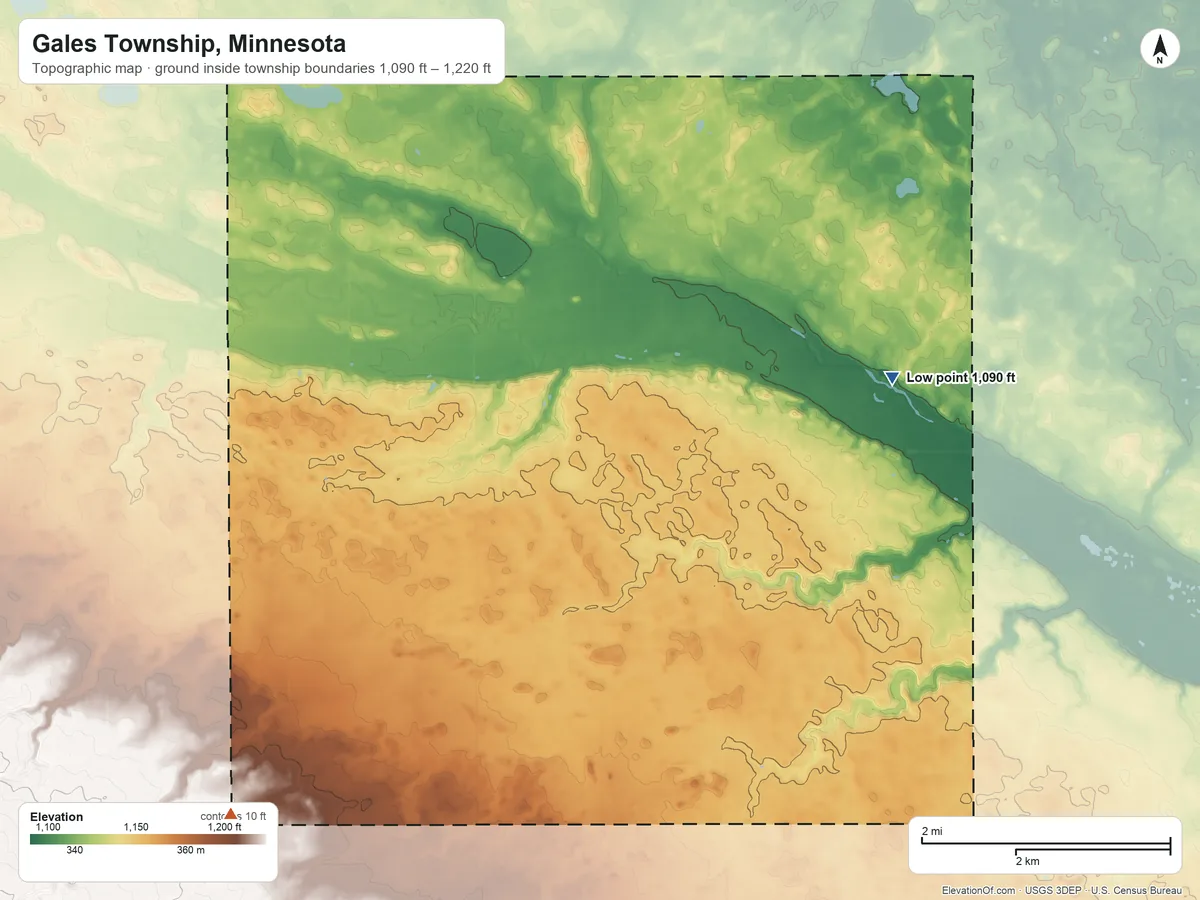 Topographic elevation map of Gales Township, Minnesota, shaded from 1,090 ft on the east side to 1,220 ft on the southwest side