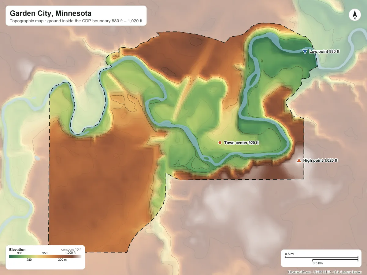 Topographic elevation map of Garden City, Minnesota, shaded from 880 ft on the northeast side to 1,020 ft on the east side