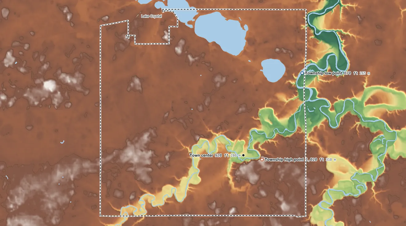 Topographic elevation map of Garden City Township, Minnesota, shaded from 870 ft on the northeast side to 1,020 ft near the middle
