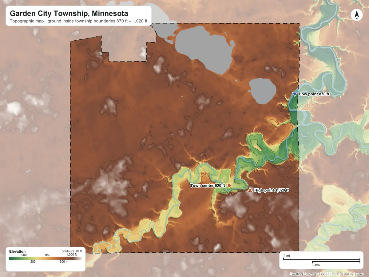 Topographic elevation map of Garden City Township, Minnesota, shaded from 870 ft on the northeast side to 1,020 ft near the middle
