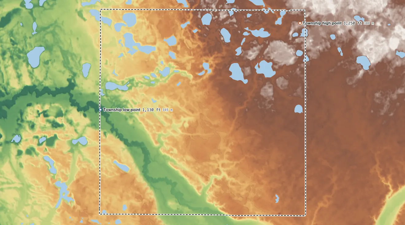 Topographic elevation map of Garden Township, Minnesota, shaded from 1,130 ft on the west side to 1,250 ft on the northeast side