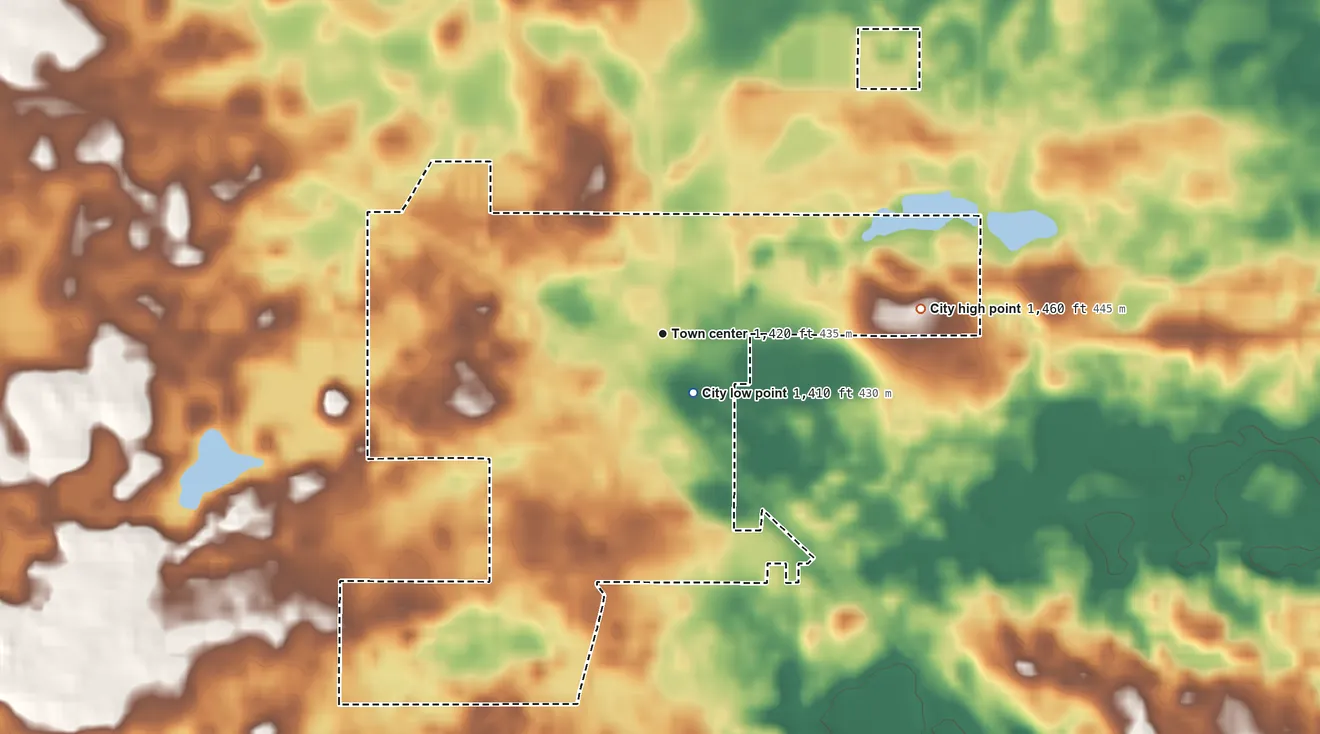 Topographic elevation map of Garfield, Minnesota, shaded from 1,410 ft near the middle to 1,460 ft on the east side