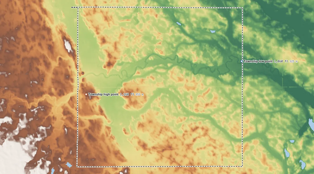 Topographic elevation map of Garfield Township, Lac qui Parle County, Minnesota, shaded from 1,060 ft on the east side to 1,160 ft on the west side