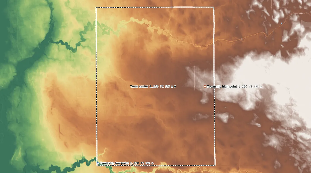 Topographic elevation map of Garnes Township, Minnesota, shaded from 1,120 ft on the southwest side to 1,160 ft on the east side