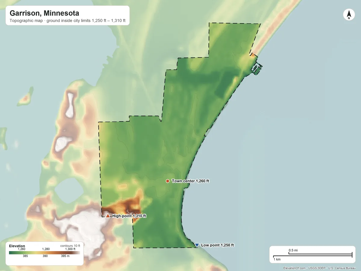 Topographic elevation map of Garrison, Minnesota, shaded from 1,250 ft on the southeast side to 1,310 ft on the southwest side