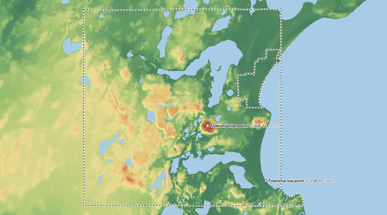 Topographic elevation map of Garrison Township, Minnesota, shaded from 1,250 ft on the southeast side to 1,457 ft on Warren Hill