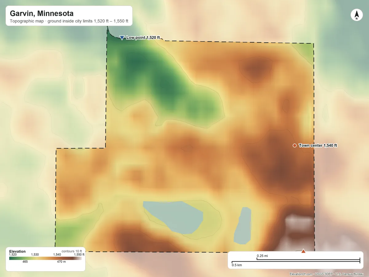 Topographic elevation map of Garvin, Minnesota, shaded from 1,520 ft on the northwest side to 1,550 ft on the south side
