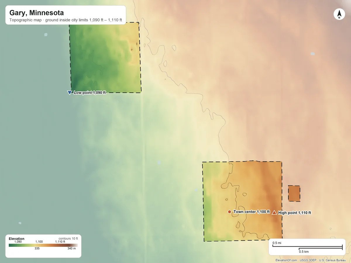 Topographic elevation map of Gary, Minnesota, shaded from 1,090 ft on the northwest side to 1,110 ft on the east side