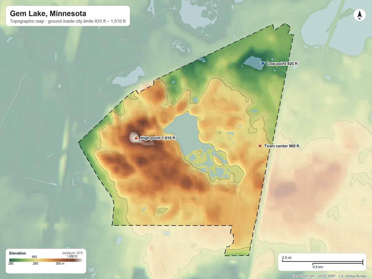 Topographic elevation map of Gem Lake, Minnesota, shaded from 920 ft on the north side to 1,010 ft on the west side