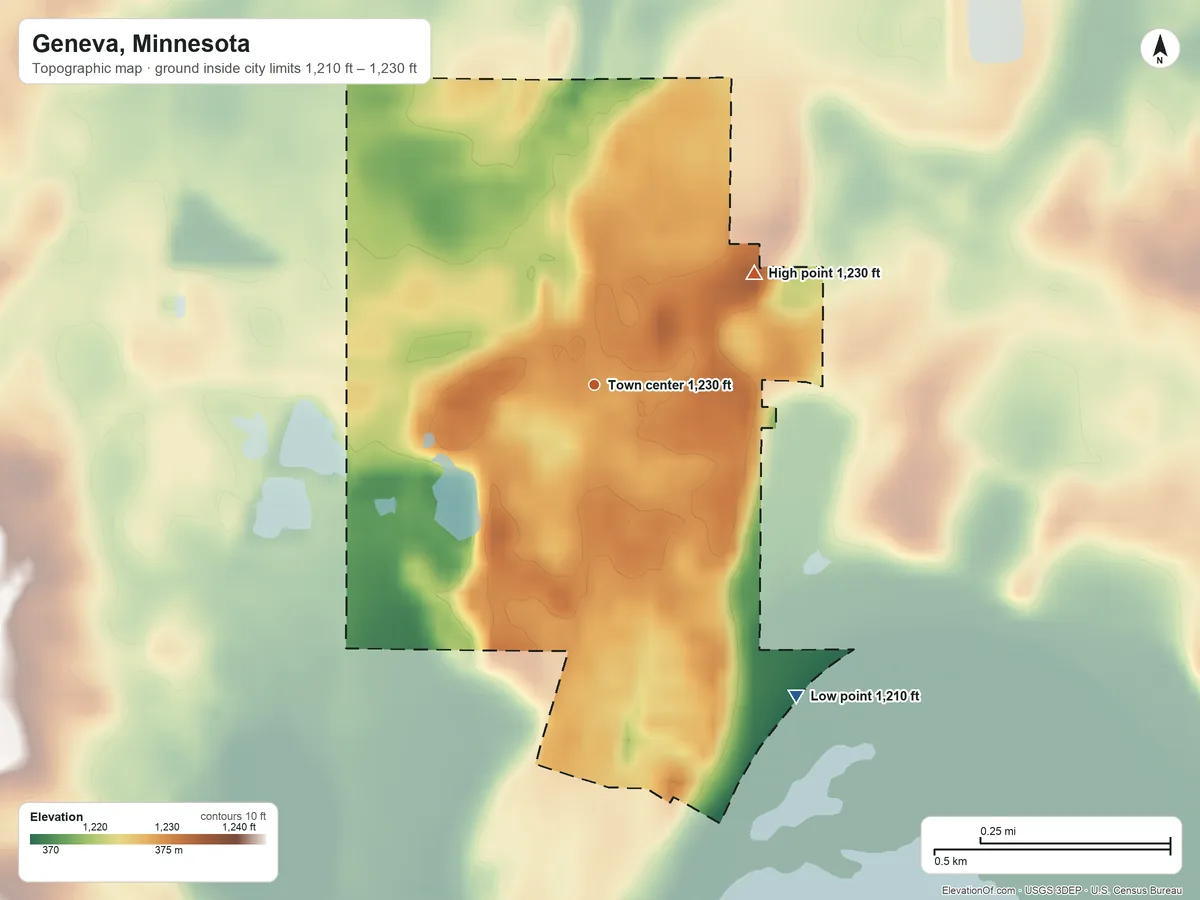 Topographic elevation map of Geneva, Minnesota, shaded from 1,210 ft on the southeast side to 1,230 ft on the northeast side