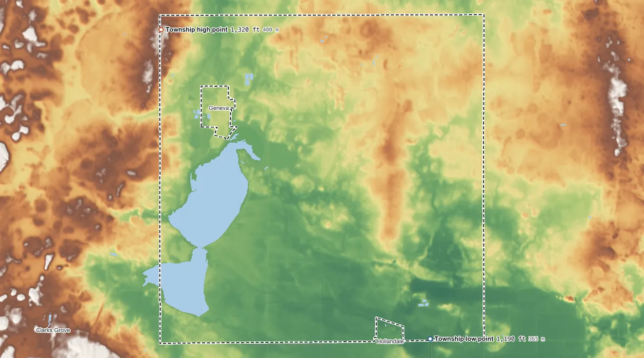 Topographic elevation map of Geneva Township, Minnesota, shaded from 1,190 ft on the southeast side to 1,320 ft on the northwest side