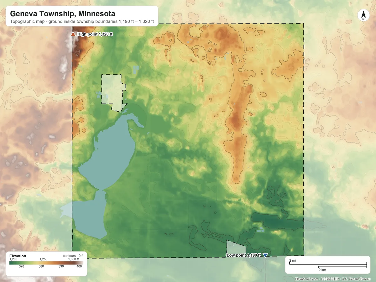 Topographic elevation map of Geneva Township, Minnesota, shaded from 1,190 ft on the southeast side to 1,320 ft on the northwest side