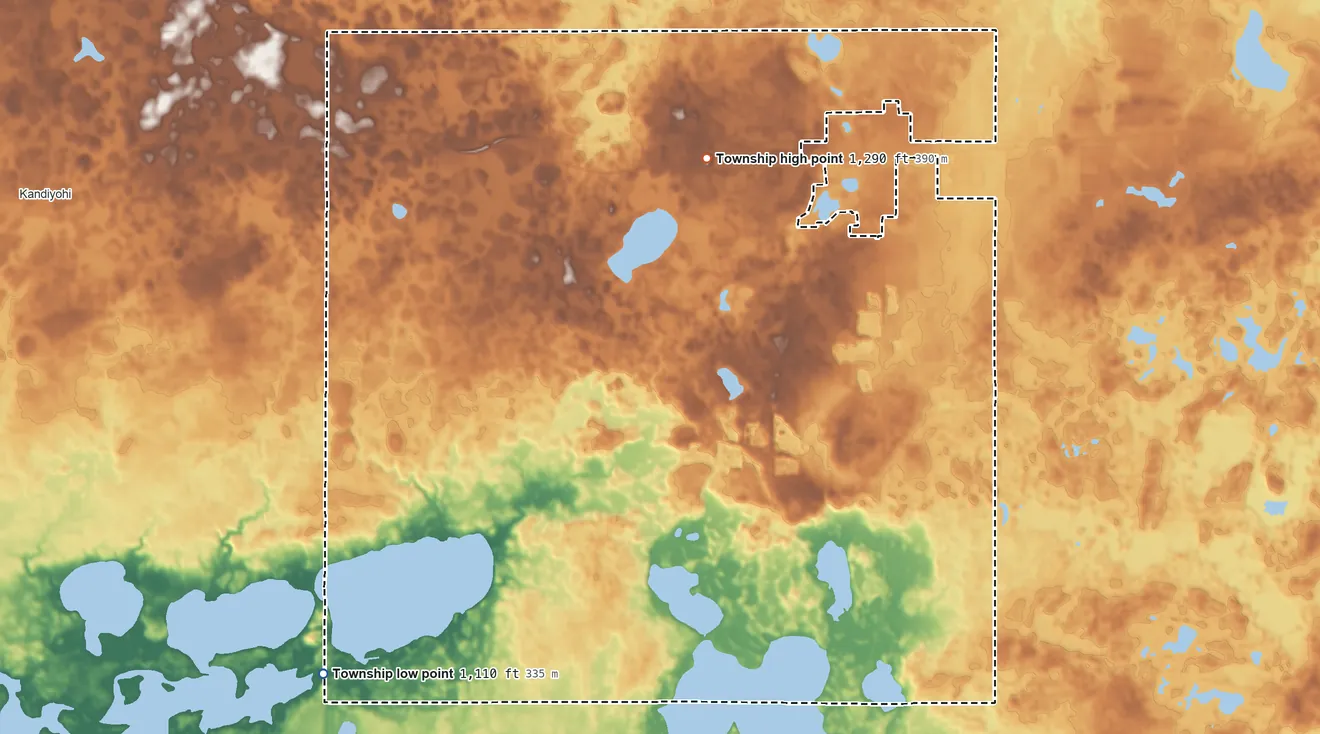 Topographic elevation map of Gennessee Township, Minnesota, shaded from 1,110 ft on the southwest side to 1,290 ft on the north side