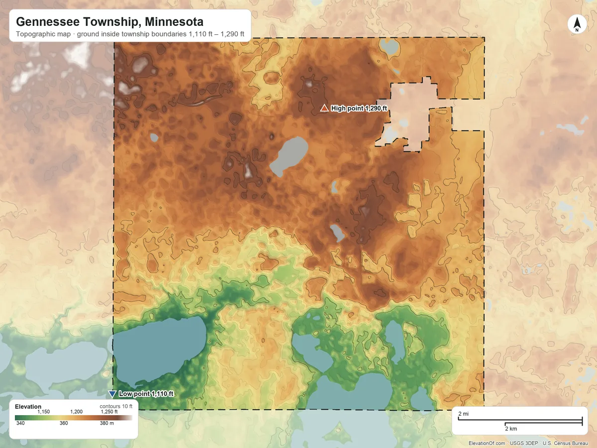 Topographic elevation map of Gennessee Township, Minnesota, shaded from 1,110 ft on the southwest side to 1,290 ft on the north side