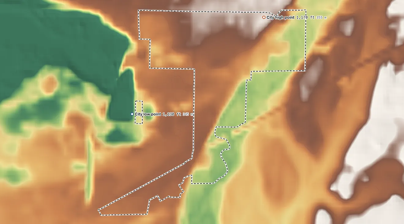 Topographic elevation map of Genola, Minnesota, shaded from 1,130 ft on the southwest side to 1,170 ft on the northeast side