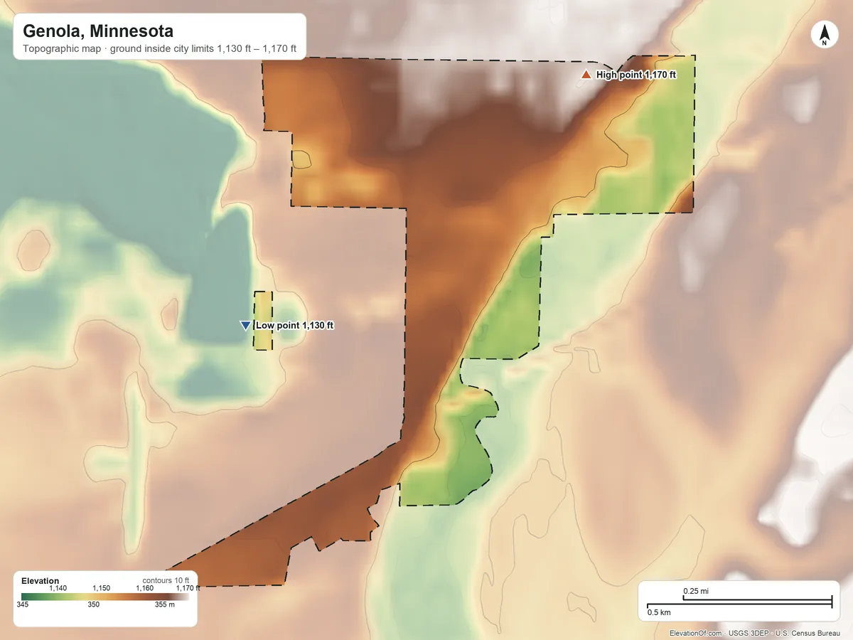 Topographic elevation map of Genola, Minnesota, shaded from 1,130 ft on the southwest side to 1,170 ft on the northeast side
