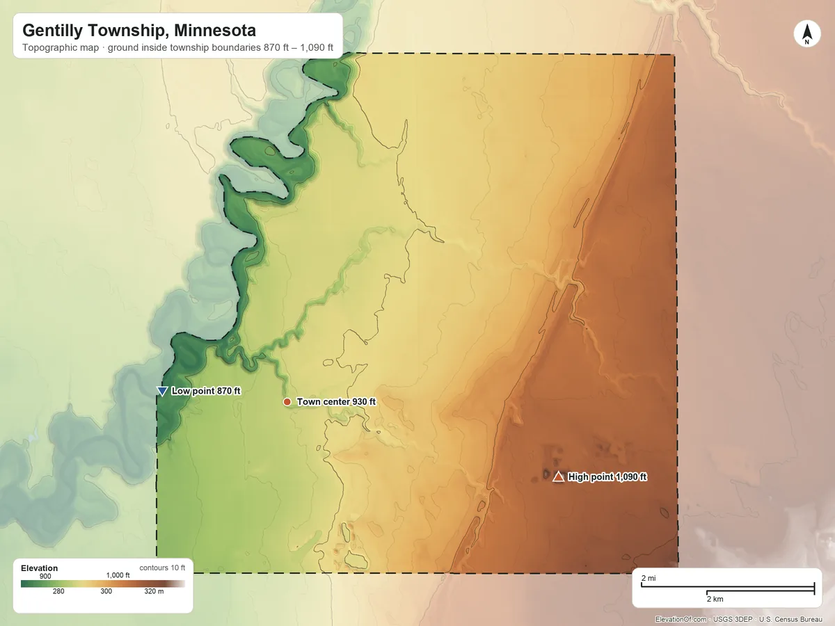 Topographic elevation map of Gentilly Township, Minnesota, shaded from 870 ft on the west side to 1,090 ft on the east side