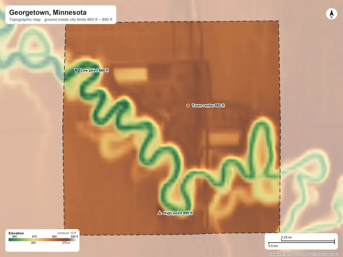 Topographic elevation map of Georgetown, Minnesota, shaded from 860 ft on the west side to 890 ft on the south side
