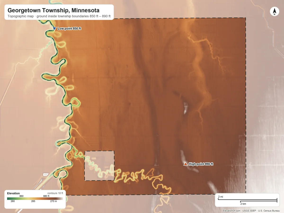 Topographic elevation map of Georgetown Township, Minnesota, shaded from 850 ft on the northwest side to 890 ft on the south side