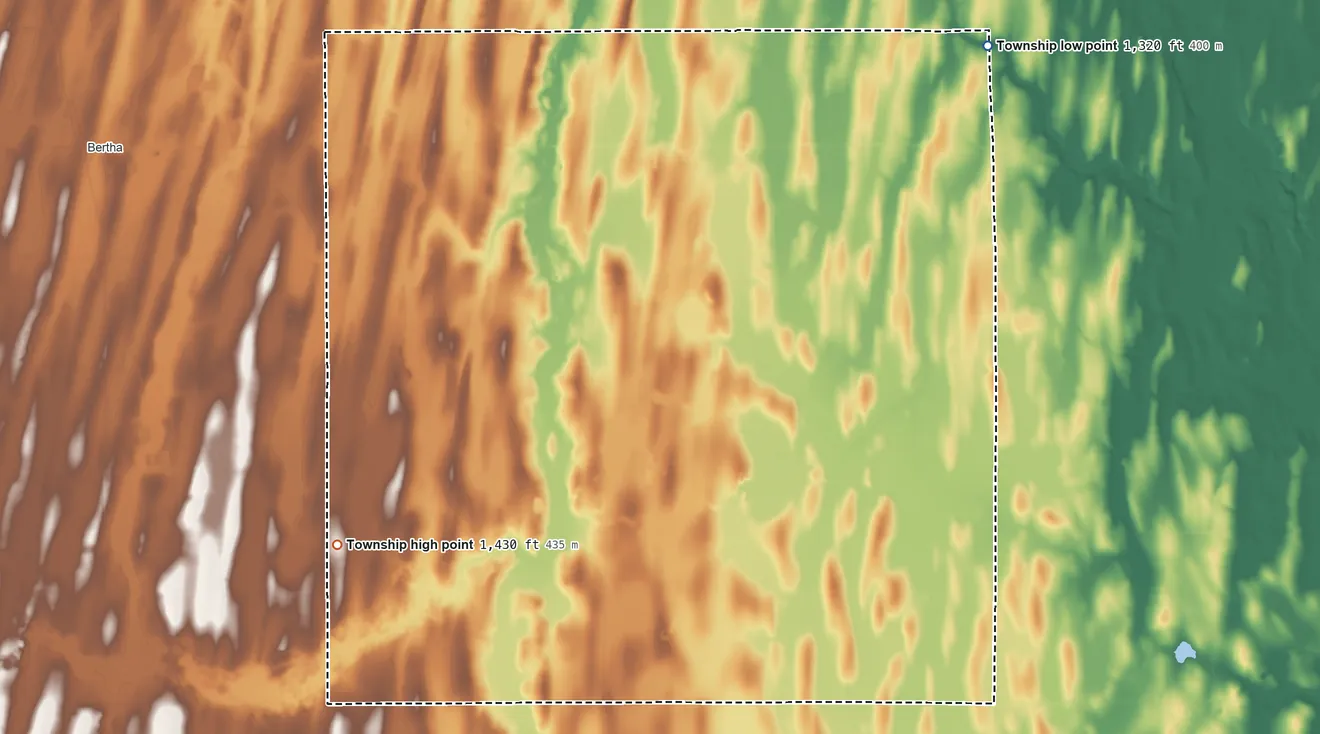 Topographic elevation map of Germania Township, Minnesota, shaded from 1,320 ft on the northeast side to 1,430 ft on the southwest side
