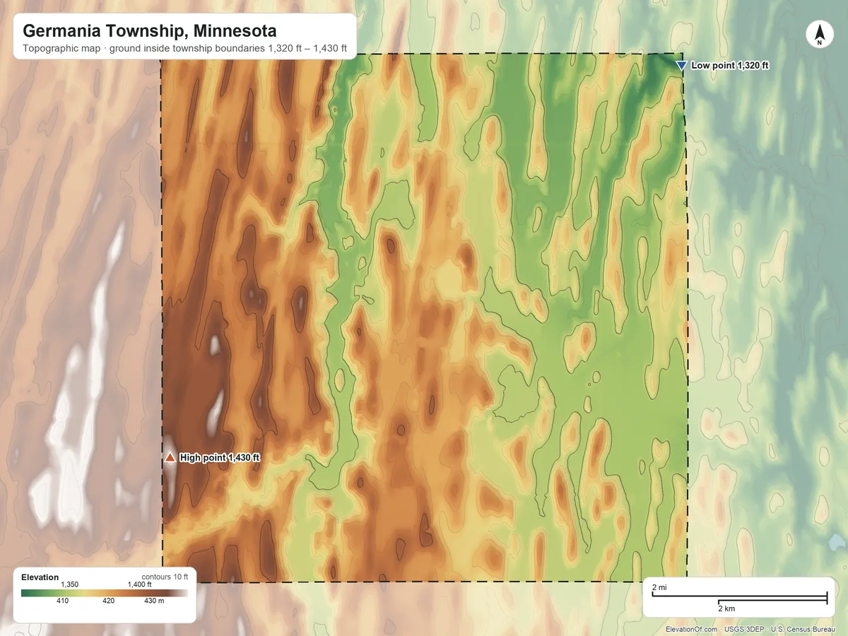 Topographic elevation map of Germania Township, Minnesota, shaded from 1,320 ft on the northeast side to 1,430 ft on the southwest side