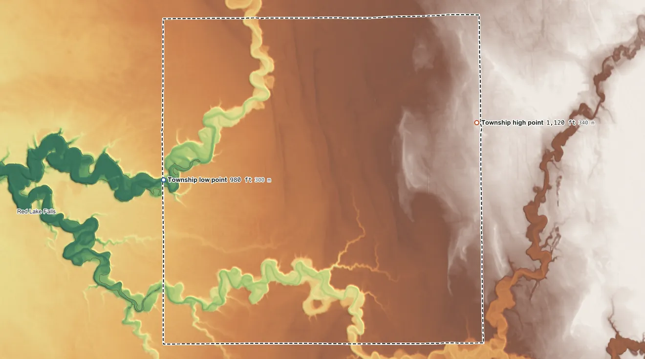 Topographic elevation map of Gervais Township, Minnesota, shaded from 980 ft on the west side to 1,120 ft on the northeast side