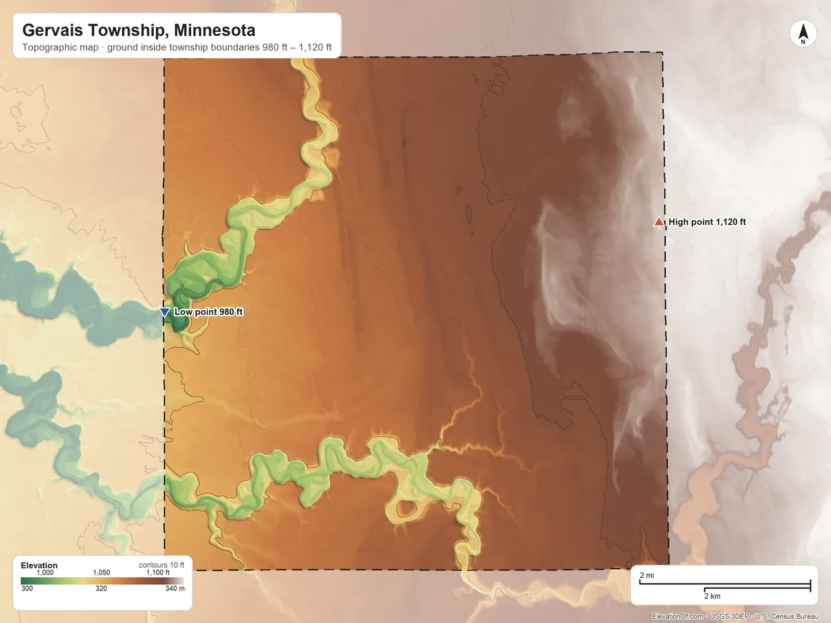 Topographic elevation map of Gervais Township, Minnesota, shaded from 980 ft on the west side to 1,120 ft on the northeast side