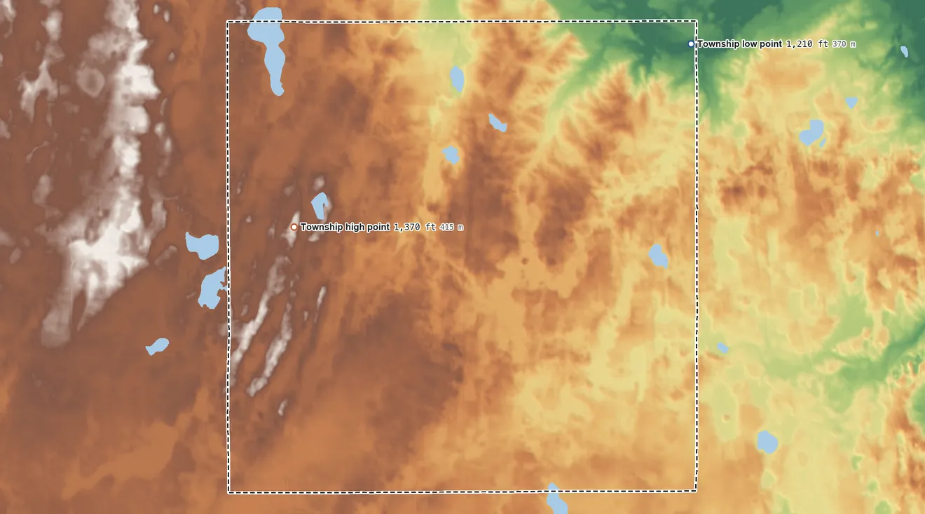 Topographic elevation map of Getty Township, Minnesota, shaded from 1,210 ft on the northeast side to 1,370 ft on the west side