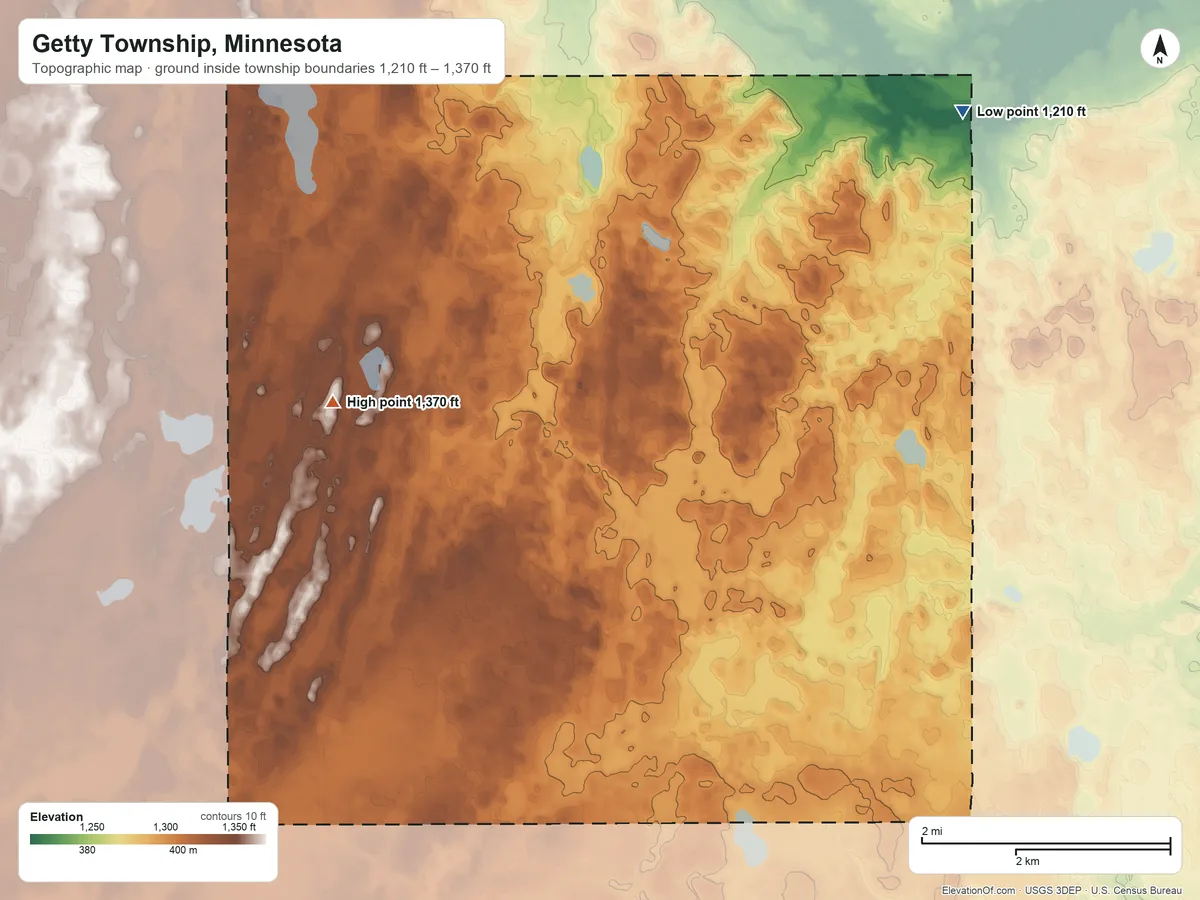 Topographic elevation map of Getty Township, Minnesota, shaded from 1,210 ft on the northeast side to 1,370 ft on the west side