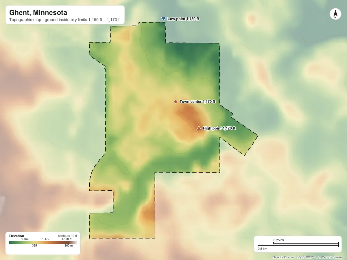 Topographic elevation map of Ghent, Minnesota, shaded from 1,150 ft on the north side to 1,170 ft on the southeast side
