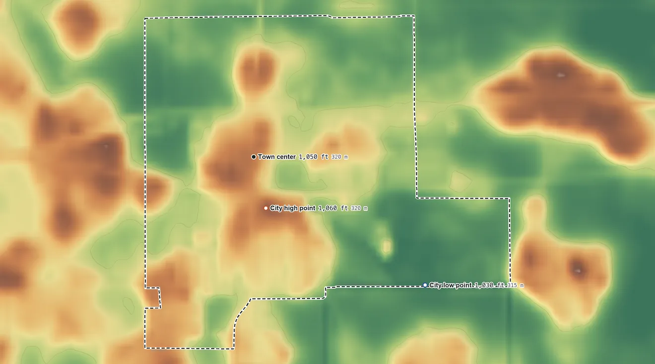 Topographic elevation map of Gibbon, Minnesota, shaded from 1,030 ft on the southeast side to 1,060 ft on the south side