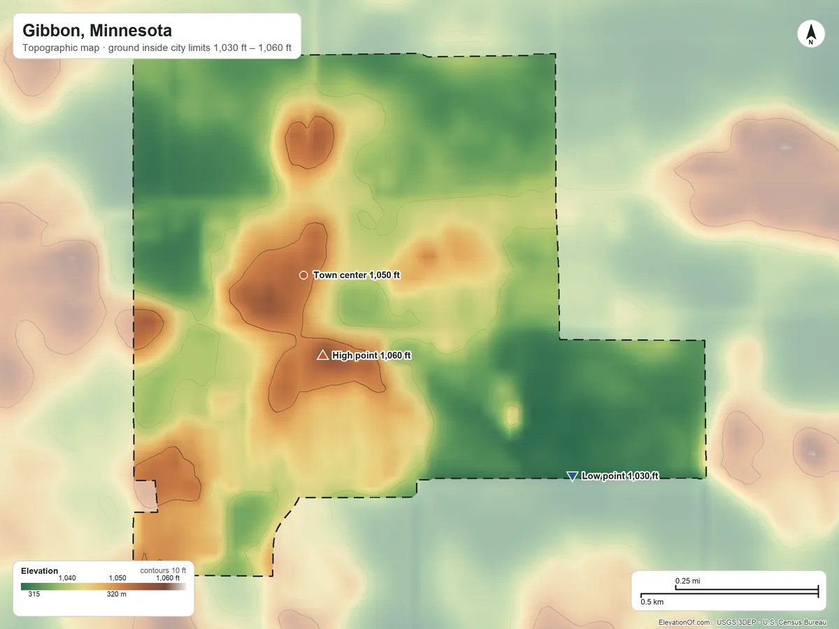Topographic elevation map of Gibbon, Minnesota, shaded from 1,030 ft on the southeast side to 1,060 ft on the south side