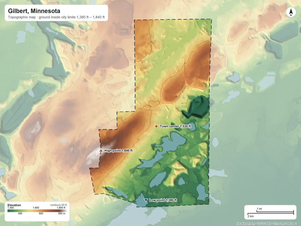 Topographic elevation map of Gilbert, Minnesota, shaded from 1,380 ft on the south side to 1,840 ft on the southwest side