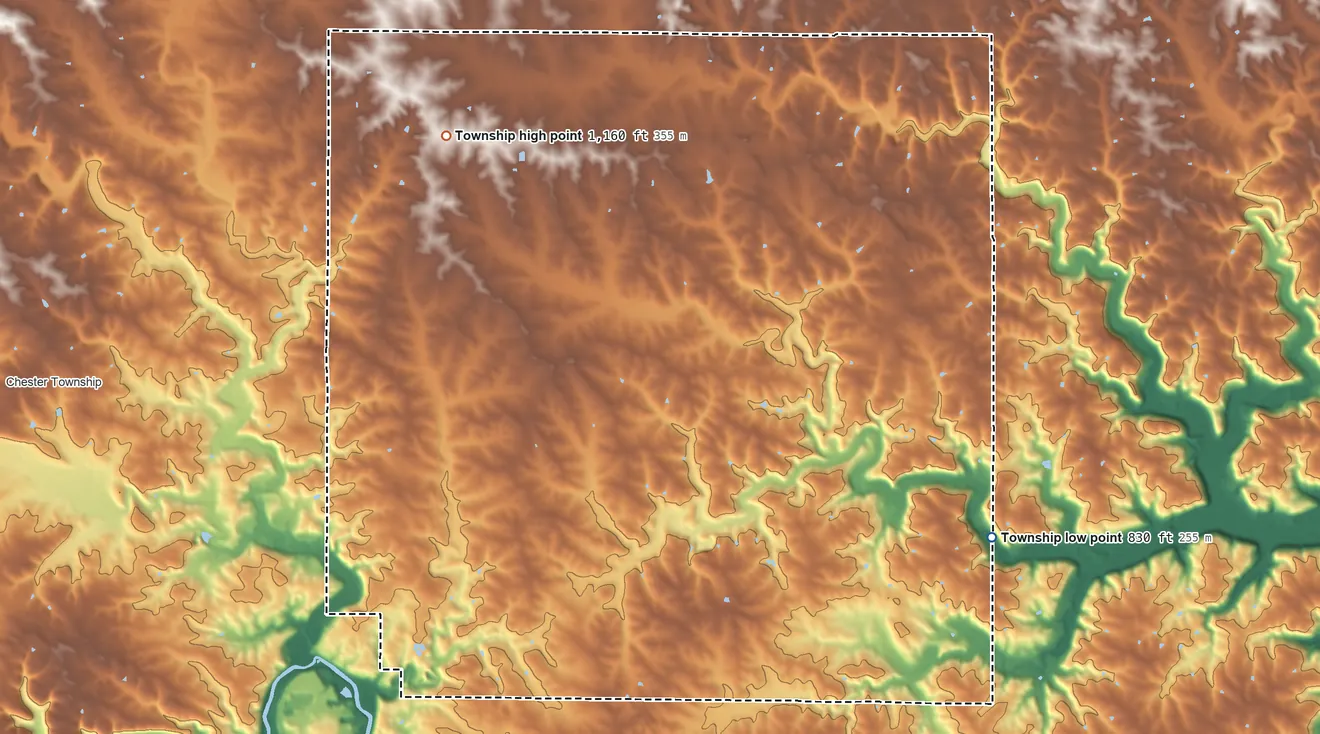 Topographic elevation map of Gillford Township, Minnesota, shaded from 830 ft on the southeast side to 1,160 ft on the northwest side