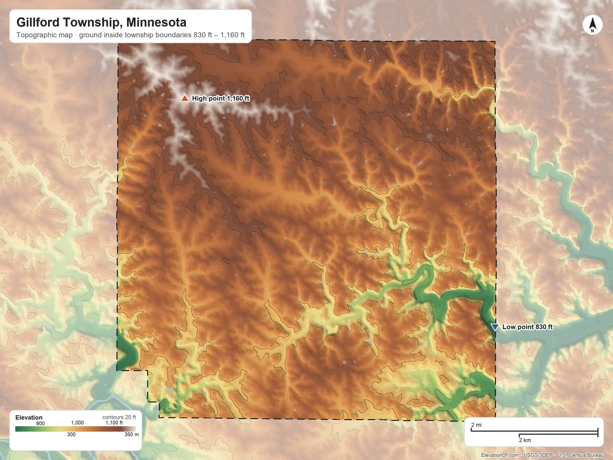 Topographic elevation map of Gillford Township, Minnesota, shaded from 830 ft on the southeast side to 1,160 ft on the northwest side