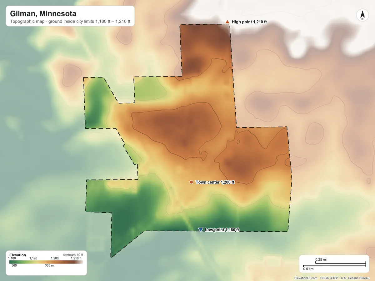 Topographic elevation map of Gilman, Minnesota, shaded from 1,180 ft on the south side to 1,210 ft on the north side