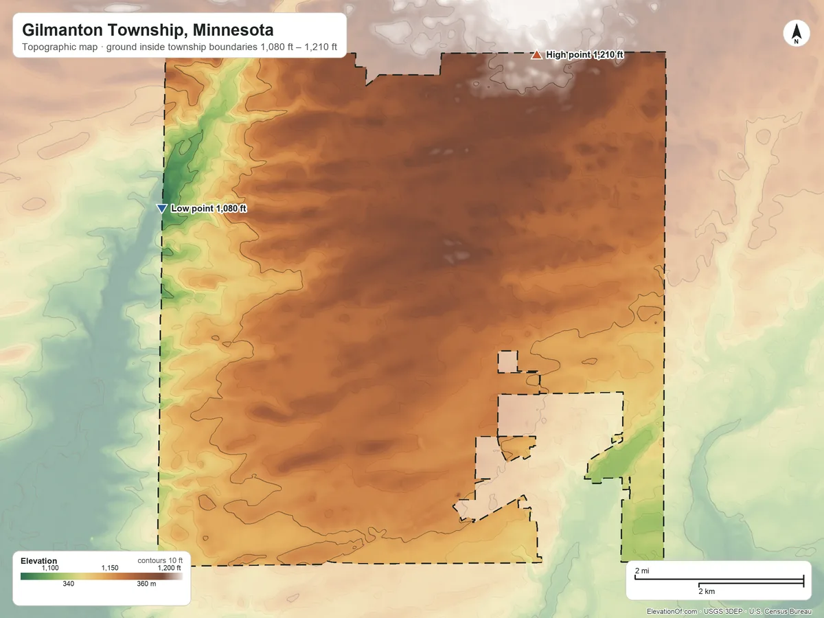 Topographic elevation map of Gilmanton Township, Minnesota, shaded from 1,080 ft on the northwest side to 1,210 ft on the northeast side