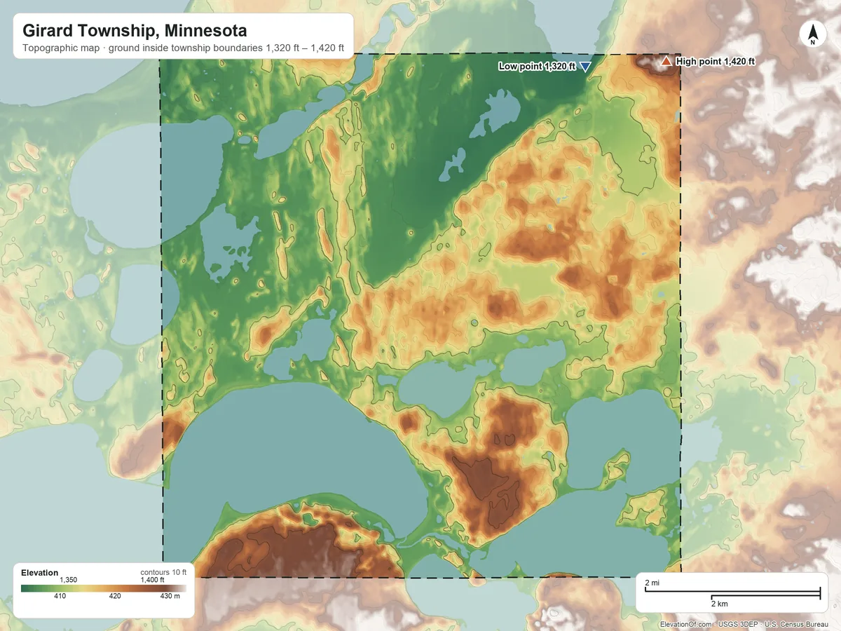 Topographic elevation map of Girard Township, Minnesota, shaded from 1,320 ft on the northeast side to 1,420 ft on the northeast side