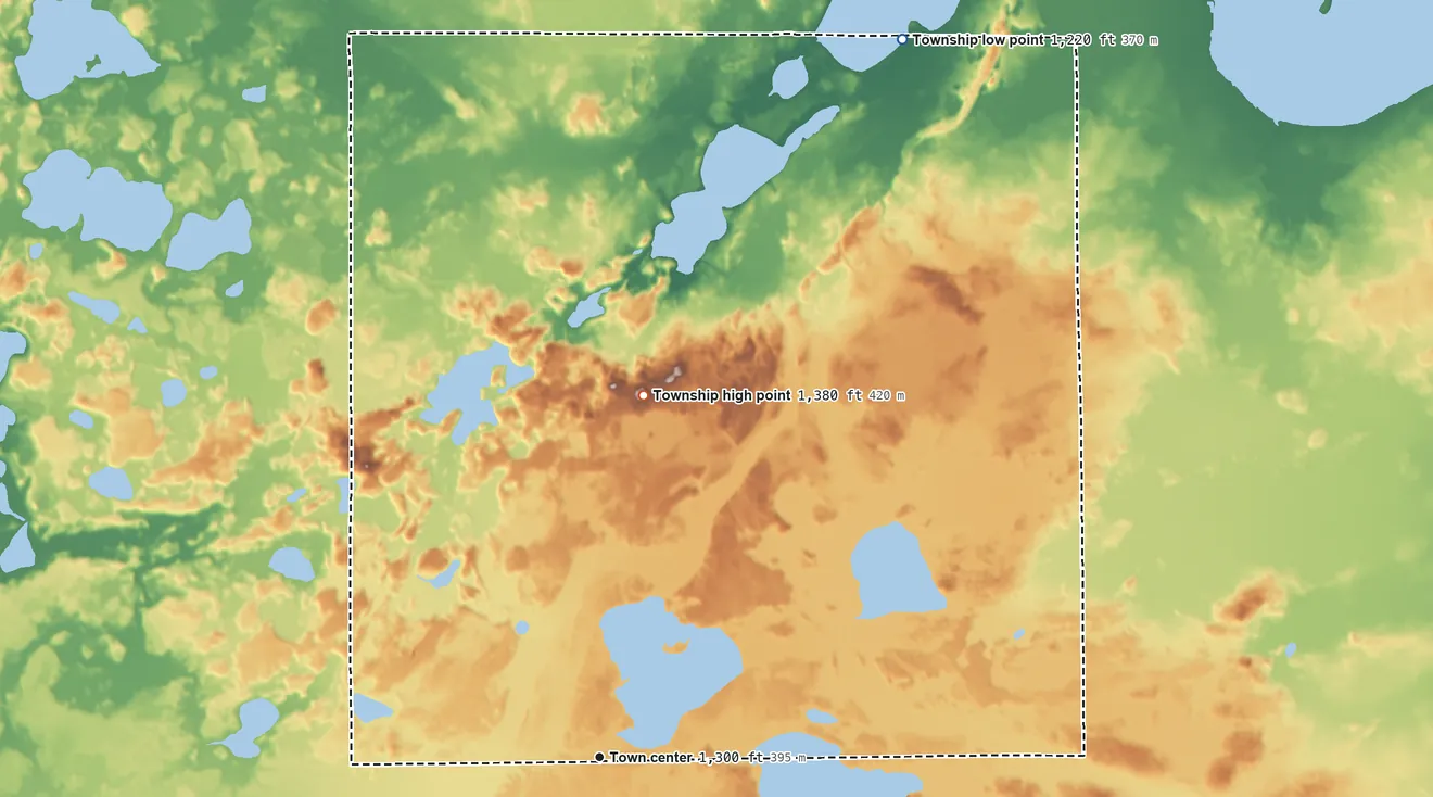 Topographic elevation map of Glen Township, Minnesota, shaded from 1,220 ft on the northeast side to 1,380 ft on the north side