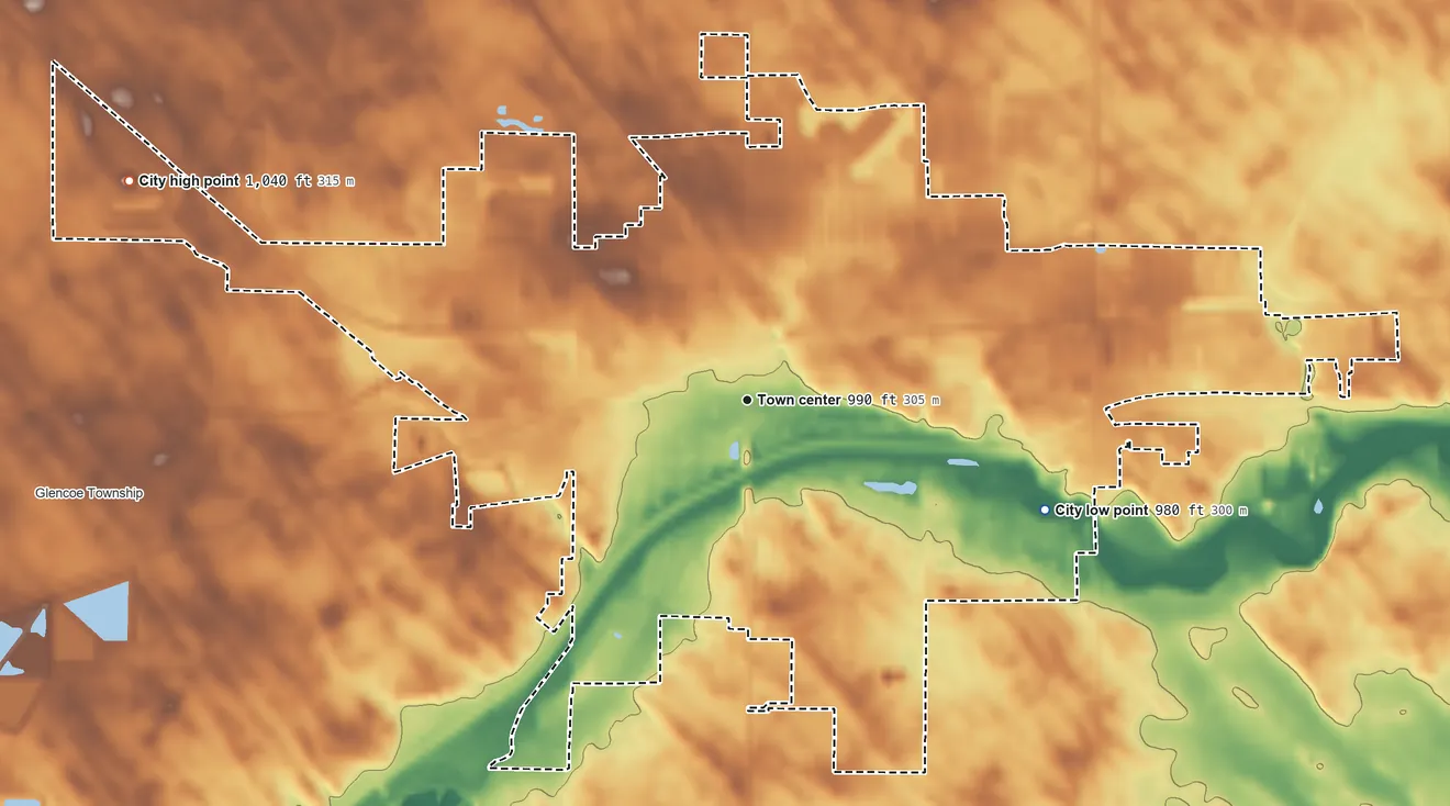 Topographic elevation map of Glencoe, Minnesota, shaded from 980 ft on the east side to 1,040 ft on the west side