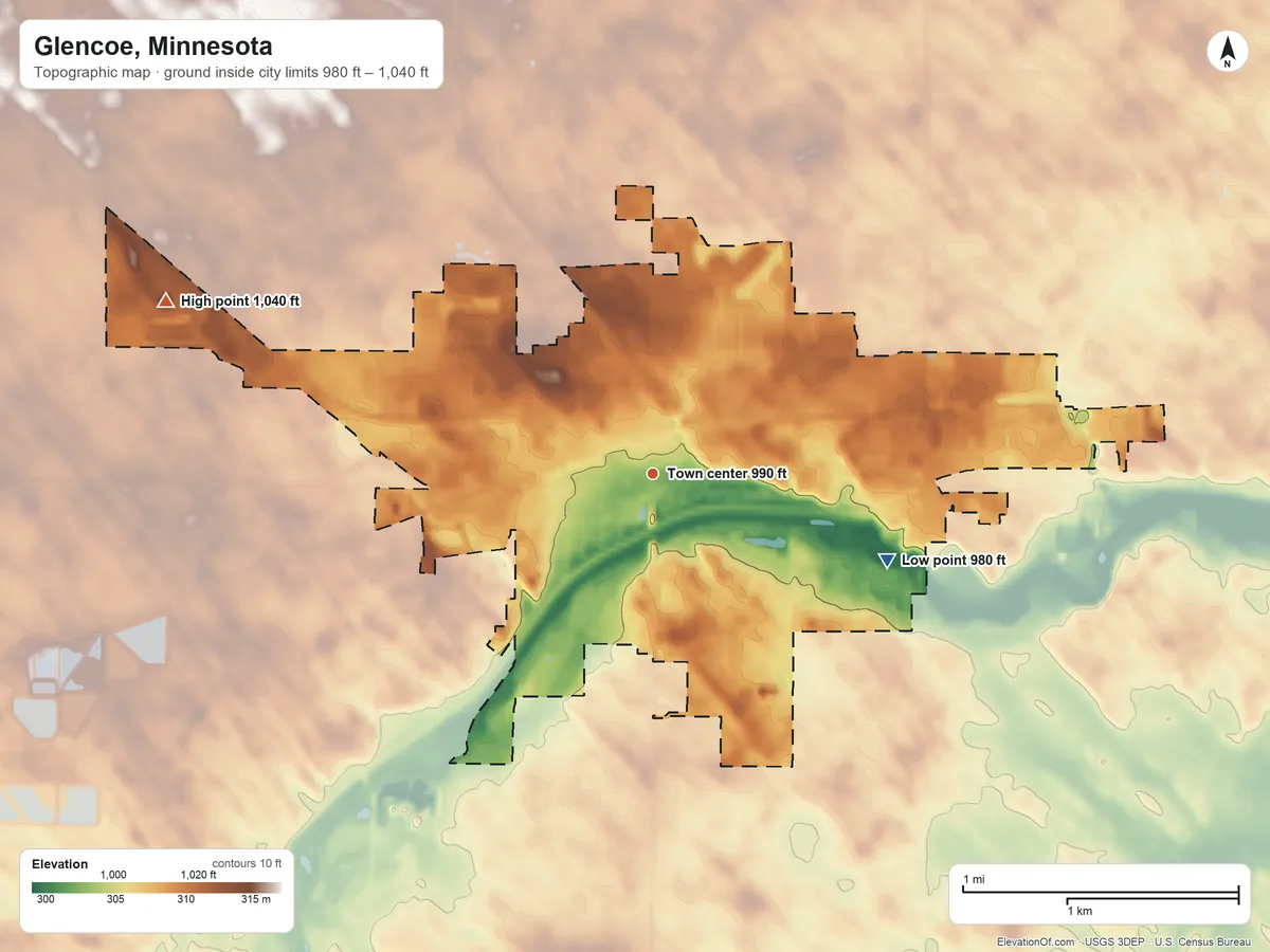 Topographic elevation map of Glencoe, Minnesota, shaded from 980 ft on the east side to 1,040 ft on the west side