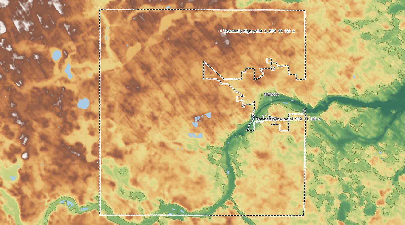 Topographic elevation map of Glencoe Township, Minnesota, shaded from 980 ft on the east side to 1,050 ft on the north side