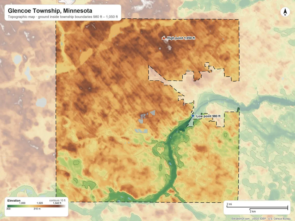 Topographic elevation map of Glencoe Township, Minnesota, shaded from 980 ft on the east side to 1,050 ft on the north side