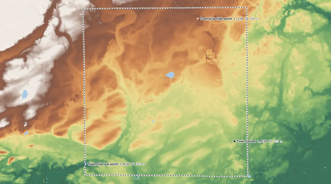 Topographic elevation map of Glendorado Township, Minnesota, shaded from 1,010 ft on the west side to 1,110 ft on the north side