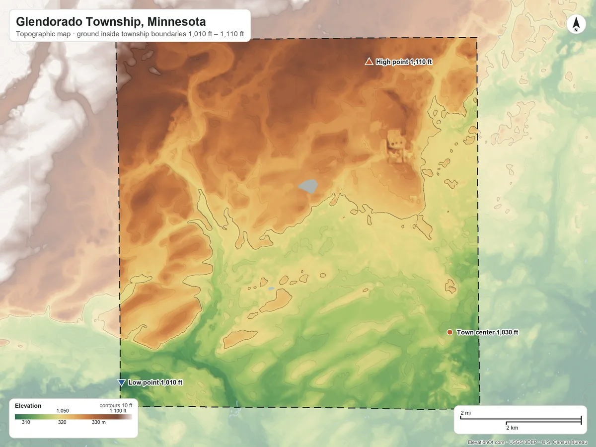 Topographic elevation map of Glendorado Township, Minnesota, shaded from 1,010 ft on the west side to 1,110 ft on the north side